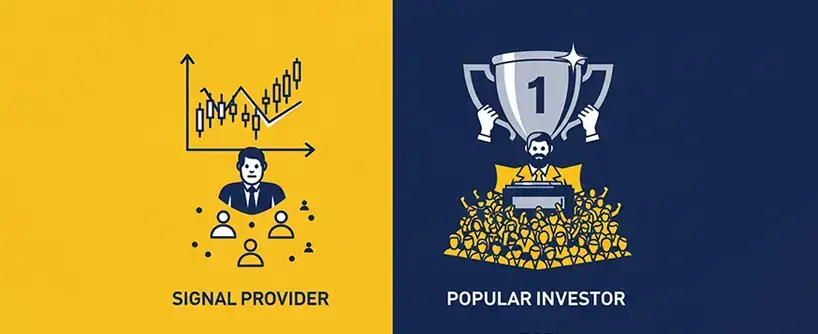 Bitunix A split image: left side shows a graph and a person labeled Signal Provider above smaller figures, symbolizing copy trader activity; right side shows a person holding a trophy labeled Popular Investor above a cheering crowd.