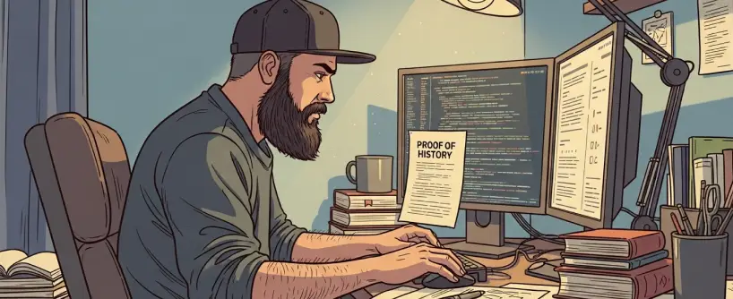 Bitunix A bearded man wearing a cap works at a desk with two monitors displaying code and a document titled Proof of History, highlighting Solana technology. Books, papers, and a coffee mug are scattered around, with a desk lamp illuminating the workspace.