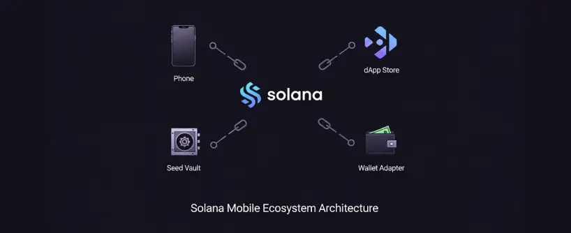Bitunix Diagram showing Solana Mobile Ecosystem Architecture with icons for Phone, dApp Store, Seed Vault, and Wallet Adapter—each linked by chains to the Solana logo in the center—on a dark background, highlighting solana mobile integration. | Bitunix Bitunix Diagram showing Solana Mobile Ecosystem Architecture with icons for Phone, dApp Store, Seed Vault, and Wallet Adapter—each linked by chains to the Solana logo in the center—on a dark background, highlighting solana mobile integration.