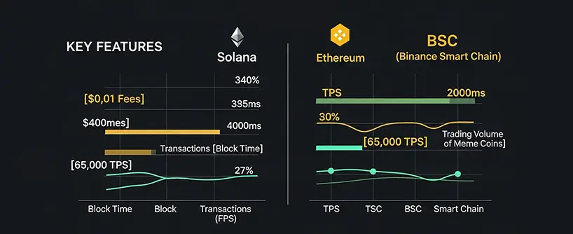 Bitunix Comparison chart of Solana and BSC (Binance Smart Chain), highlighting key features like fees, TPS, block time, trading volume, and Solana meme stats alongside transaction/block times for each blockchain.