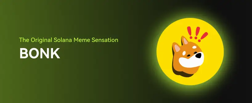 Bitunix A yellow circle with a cartoon Shiba Inu dog and red exclamation marks, beside the text The Original Solana Meme Sensation BONK on a vibrant green gradient background, capturing the playful spirit of Solana.
