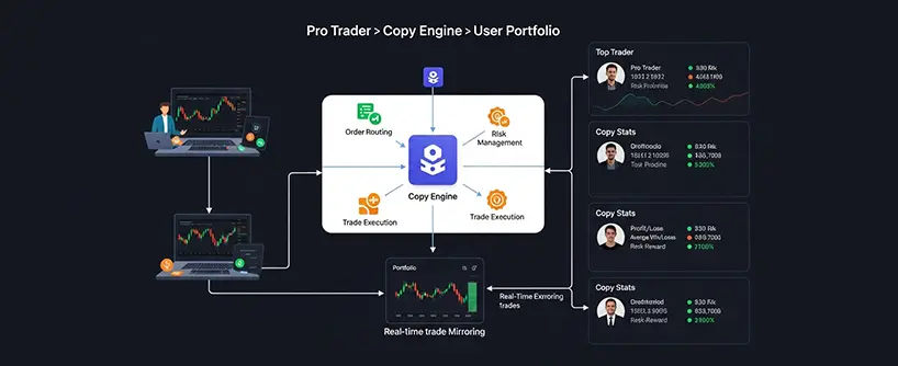 Bitunix Flowchart showing the connection between a pro trader, copy trading engine, risk management, trade execution, and user portfolios, with stats and graphs illustrating real-time portfolio mirroring and copy trading performance.