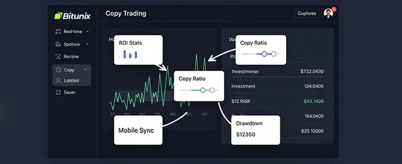Bitunix A dark-themed Bitunix dashboard shows copy trader stats, with highlighted features: ROI stats, copy ratio, mobile sync, and drawdown. A green graph and investment figures are visible on the right.