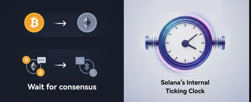 Bitunix A split image shows Bitcoin swapping to Ethereum with Wait for consensus text on the left, and a spinning clock with Solana’s Internal Ticking Clock on the right, illustrating Solana’s unique blockchain method compared to others.