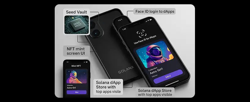 Bitunix An image showing a Solana mobile phone with labeled features: Seed Vault, NFT mint screen UI, Face ID login to dApps, and the Solana dApp Store with top apps visible on the phone screen. | Bitunix Bitunix An image showing a Solana mobile phone with labeled features: Seed Vault, NFT mint screen UI, Face ID login to dApps, and the Solana dApp Store with top apps visible on the phone screen.