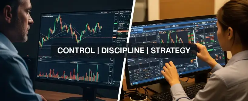 Bitunix Two people analyzing stock market charts on computer monitors, exploring copy trading strategies. The image is split in half, each side focused on data and graphs. Text in the center reads: CONTROL | DISCIPLINE | STRATEGY.