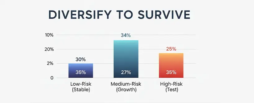 Bitunix Bar chart titled Diversify to Survive shows Low-Risk (Stable) at 35% and 30%, Medium-Risk (Growth) at 27% and 34%, High-Risk (Test) at 35% and 25%. Perfect for the copy trader seeking strategic diversification. Y-axis: 0%-10%.