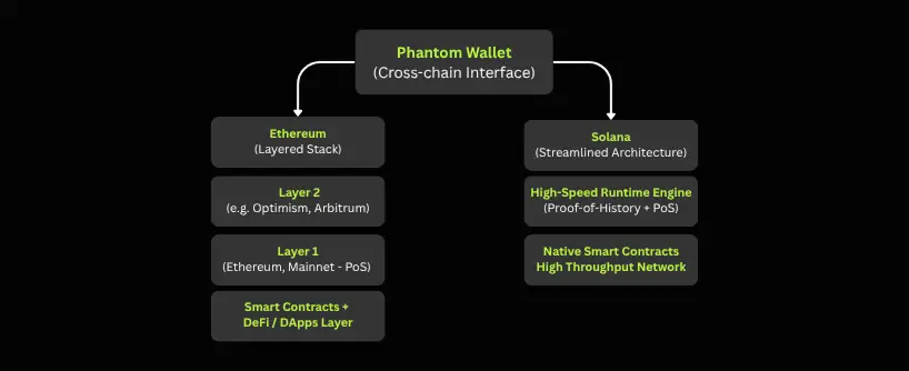 Bitunix A diagram showing Phantom Wallet as a cross-chain interface connecting Ethereum and Solana, highlighting Solana’s runtime engine and high throughput features alongside Ethereum’s Layer 2, Layer 1, and DApps.