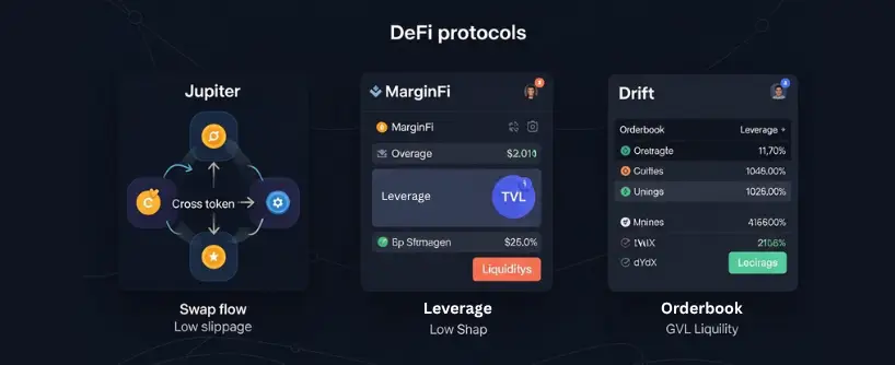 Bitunix A dark-themed infographic titled DeFi protocols on Solana shows three sections: Jupiter (swap flow, cross token), MarginFi (leverage, TVL, liquidations), and Drift (orderbook, trading stats), each with icons and key features.