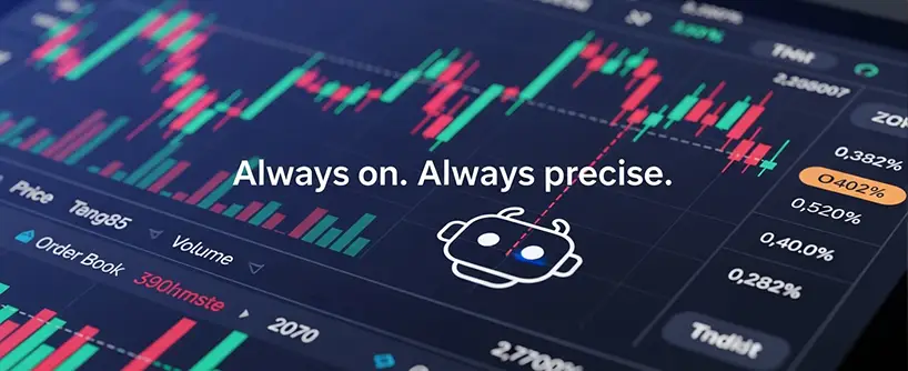 Bitunix A digital screen displays colorful stock charts and trading data, overlaid with a robot icon and the text “Always on. Always precise.”—perfect for those interested in copy trading.