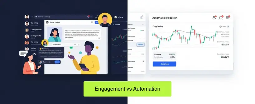 Bitunix A split-screen graphic shows a chat interface with people and messages on the left, and an automated financial dashboard with charts—highlighting copy trading—on the right. A green label at the bottom reads Engagement vs Automation. | Bitunix Bitunix A split-screen graphic shows a chat interface with people and messages on the left, and an automated financial dashboard with charts—highlighting copy trading—on the right. A green label at the bottom reads Engagement vs Automation.