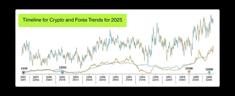 Bitunix A line graph titled Timeline for Crypto and Forex Trends for 2025 shows fluctuating values over time, with two lines tracking different data sets—from 1300 to 15000 on the y-axis—highlighting potential opportunities for copy trading.