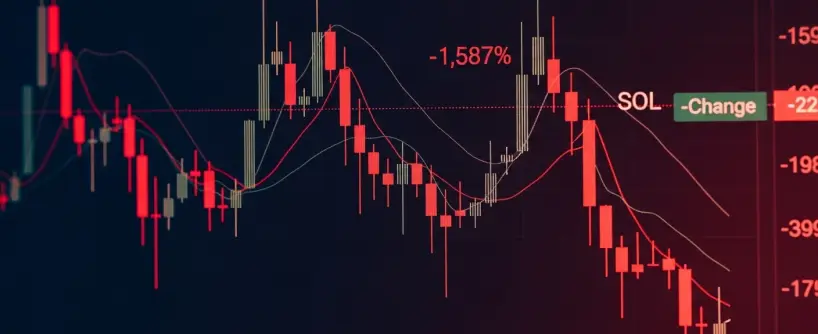Bitunix A digital candlestick chart displays a sharp decline in the price of Solana (SOL), showing a -1,587% change. Red and green candlesticks, trend lines, and technical indicators highlight the significant downward movement.
