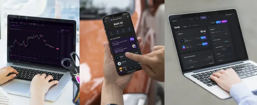 Bitunix A person uses a laptop with a trading chart, another checks Solana prices on a finance app via smartphone, and a third operates a laptop showing a digital wallet interface.