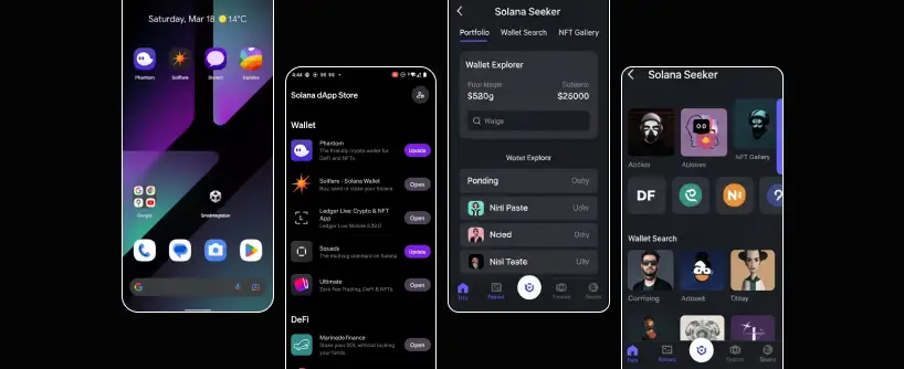 Bitunix Three smartphone screens display a dark-themed Solana Mobile cryptocurrency wallet app, showing a home screen, dApp store, wallet details with balances, and an NFT gallery featuring user avatars and icons. | Bitunix Bitunix Three smartphone screens display a dark-themed Solana Mobile cryptocurrency wallet app, showing a home screen, dApp store, wallet details with balances, and an NFT gallery featuring user avatars and icons.