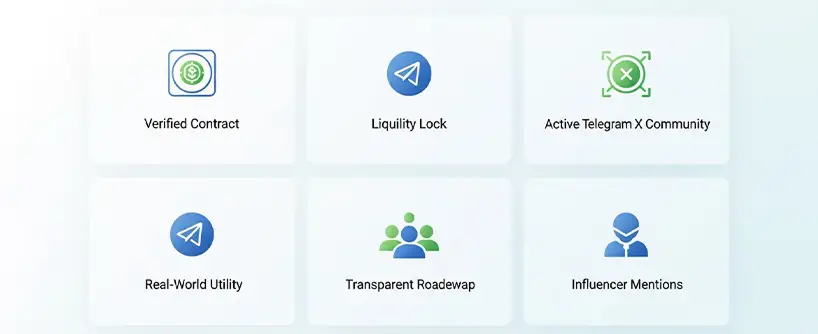 Bitunix Six icons with text: Verified Contract, Liquidity Lock, Active Telegram X Community, Real-World Utility, Transparent Roadmap, and Influencer Mentions—each showcasing a key Solana meme feature or benefit.