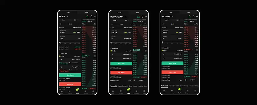 Bitunix Three smartphone screens display a dark-themed cryptocurrency trading app interface, featuring price charts, order books, Buy/Sell buttons, and trading information for various altcoins and crypto pairs. | Bitunix Bitunix Three smartphone screens display a dark-themed cryptocurrency trading app interface, featuring price charts, order books, Buy/Sell buttons, and trading information for various altcoins and crypto pairs.
