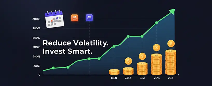 Bitunix A chart with a green upward trend line and stacked gold coins showing increasing value highlights the power of copy trading. Text reads “Reduce Volatility. Invest Smart.” Calendar and app icons are at the top left. The x-axis labels include 1050, 235A, 32A, 20C, 2CA.