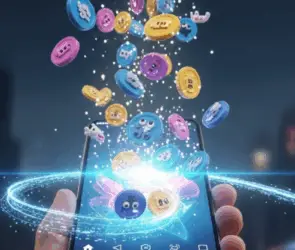 Bitunix A hand holds a smartphone with colorful digital tokens and emoji icons—some marked with the Solana logo—emerging from the screen, surrounded by swirling blue light against a blurred cityscape at night.