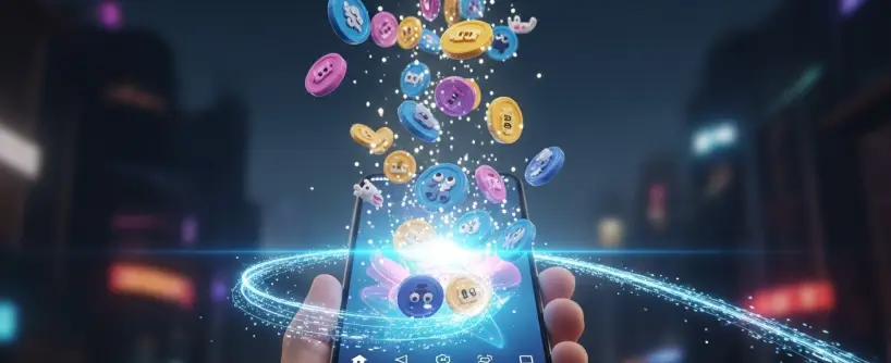 Bitunix A hand holds a smartphone with colorful digital tokens and emoji icons—some marked with the Solana logo—emerging from the screen, surrounded by swirling blue light against a blurred cityscape at night.