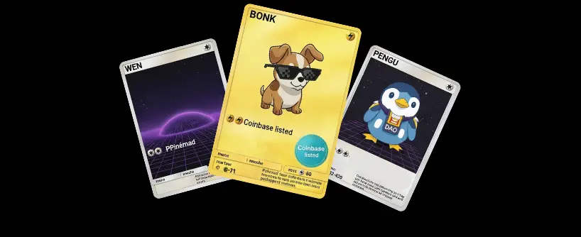 Bitunix Three digital trading cards are displayed. The center card features a dog wearing sunglasses with BONK at the top, reflecting Solana’s vibrant community. The left card has a purple neon background and WEN, while the right shows a cartoon penguin labeled PENGU.