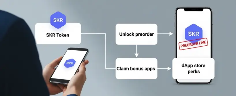Bitunix A person holding a phone with the SKR Token logo; a flowchart shows SKR Token on Solana Mobile leading to Unlock preorder, Claim bonus apps, and dApp store perks on a mobile app with PREORDER LIVE stamped. | Bitunix Bitunix A person holding a phone with the SKR Token logo; a flowchart shows SKR Token on Solana Mobile leading to Unlock preorder, Claim bonus apps, and dApp store perks on a mobile app with PREORDER LIVE stamped.