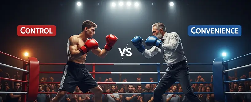 Bitunix Two men face off in a boxing ring: one in athletic gear labeled Control, the other in business attire labeled Convenience. The crowd watches as they prepare to spar, symbolizing a clash between control and the convenience of copy trading.