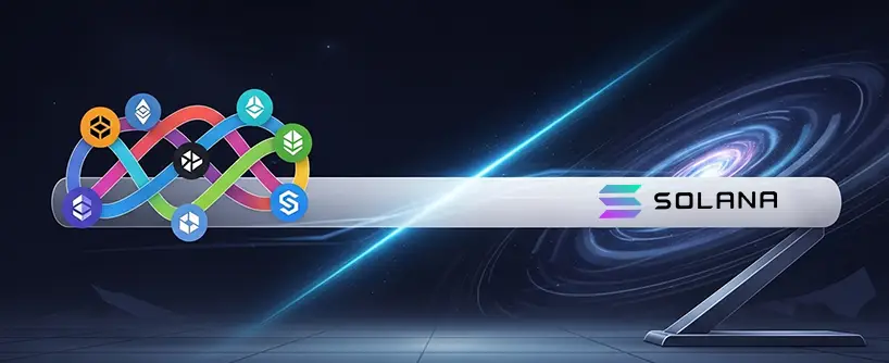 Bitunix A futuristic bench featuring the Solana logo on its side, with various cryptocurrency logos interconnected above it, set against a cosmic background with a swirling galaxy, embodies the innovative spirit of the Solana ecosystem.