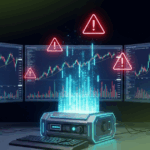 Crypto trading screen showing market volatility alerts and warning signals on multiple monitors.