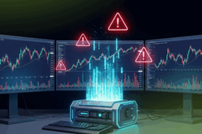 Crypto trading screen showing market volatility alerts and warning signals on multiple monitors.