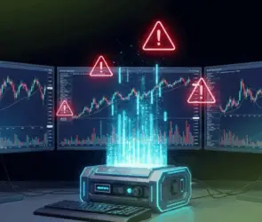 Crypto trading screen showing market volatility alerts and warning signals on multiple monitors.