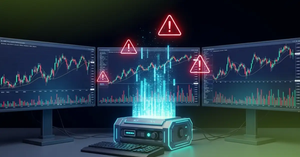 Crypto trading screen showing market volatility alerts and warning signals on multiple monitors.