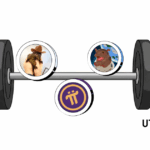 A visual comparison of altcoins on a barbell balancing hype and utility. The left side shows hype-driven meme altcoins with emojis and rockets, while the right side displays utility-based altcoins with shopping, payment, and real-world app icons. Pi Network and two other altcoins are centered between both sides.
