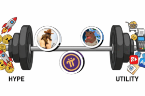 A visual comparison of altcoins on a barbell balancing hype and utility. The left side shows hype-driven meme altcoins with emojis and rockets, while the right side displays utility-based altcoins with shopping, payment, and real-world app icons. Pi Network and two other altcoins are centered between both sides.