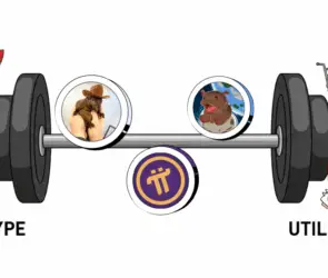 A visual comparison of altcoins on a barbell balancing hype and utility. The left side shows hype-driven meme altcoins with emojis and rockets, while the right side displays utility-based altcoins with shopping, payment, and real-world app icons. Pi Network and two other altcoins are centered between both sides.
