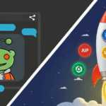 Split-screen graphic showing a Reddit alien icon in a chat window on the left, and a rocket launching with altcoin logos (JUP, MOO, ARB, PNUT) on the right, representing trending Reddit altcoins.