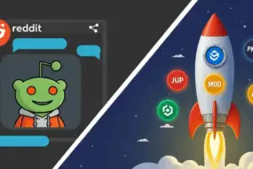 Split-screen graphic showing a Reddit alien icon in a chat window on the left, and a rocket launching with altcoin logos (JUP, MOO, ARB, PNUT) on the right, representing trending Reddit altcoins.