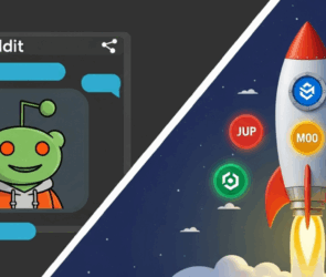 Split-screen graphic showing a Reddit alien icon in a chat window on the left, and a rocket launching with altcoin logos (JUP, MOO, ARB, PNUT) on the right, representing trending Reddit altcoins.