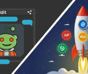 Split-screen graphic showing a Reddit alien icon in a chat window on the left, and a rocket launching with altcoin logos (JUP, MOO, ARB, PNUT) on the right, representing trending Reddit altcoins.