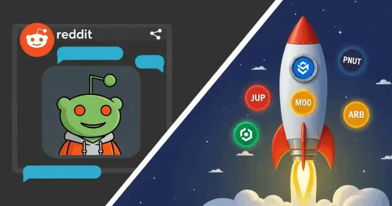 Split-screen graphic showing a Reddit alien icon in a chat window on the left, and a rocket launching with altcoin logos (JUP, MOO, ARB, PNUT) on the right, representing trending Reddit altcoins.