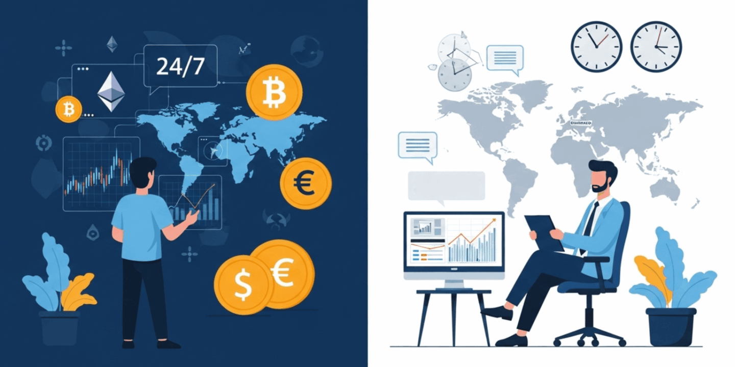 Illustration comparing crypto copy trading and forex copy trading. The left side shows a trader monitoring 24/7 cryptocurrency markets with Bitcoin, Ethereum, and global charts, while the right side depicts a forex trader analyzing currency pairs during market hours with world clocks and a financial dashboard.