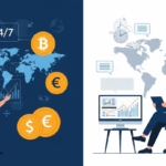 Illustration comparing crypto copy trading and forex copy trading. The left side shows a trader monitoring 24/7 cryptocurrency markets with Bitcoin, Ethereum, and global charts, while the right side depicts a forex trader analyzing currency pairs during market hours with world clocks and a financial dashboard.