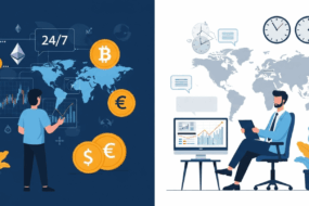 Illustration comparing crypto copy trading and forex copy trading. The left side shows a trader monitoring 24/7 cryptocurrency markets with Bitcoin, Ethereum, and global charts, while the right side depicts a forex trader analyzing currency pairs during market hours with world clocks and a financial dashboard.