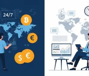 Illustration comparing crypto copy trading and forex copy trading. The left side shows a trader monitoring 24/7 cryptocurrency markets with Bitcoin, Ethereum, and global charts, while the right side depicts a forex trader analyzing currency pairs during market hours with world clocks and a financial dashboard.