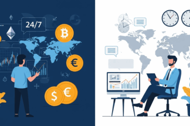 Illustration comparing crypto copy trading and forex copy trading. The left side shows a trader monitoring 24/7 cryptocurrency markets with Bitcoin, Ethereum, and global charts, while the right side depicts a forex trader analyzing currency pairs during market hours with world clocks and a financial dashboard.