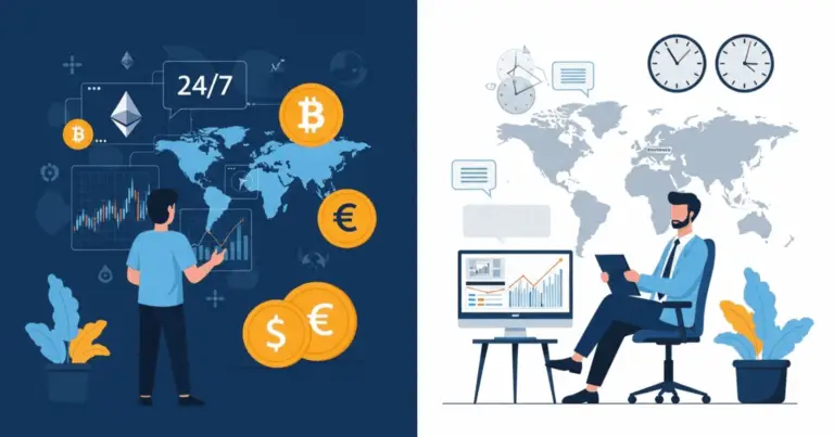 Illustration comparing crypto copy trading and forex copy trading. The left side shows a trader monitoring 24/7 cryptocurrency markets with Bitcoin, Ethereum, and global charts, while the right side depicts a forex trader analyzing currency pairs during market hours with world clocks and a financial dashboard.