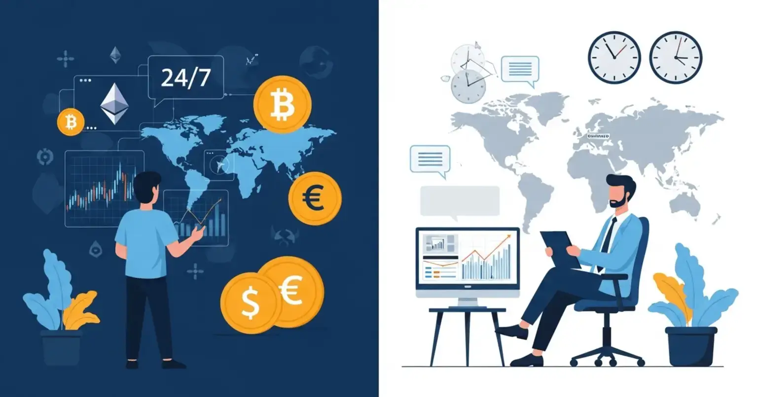Illustration comparing crypto copy trading and forex copy trading. The left side shows a trader monitoring 24/7 cryptocurrency markets with Bitcoin, Ethereum, and global charts, while the right side depicts a forex trader analyzing currency pairs during market hours with world clocks and a financial dashboard.
