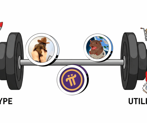 A visual comparison of altcoins on a barbell balancing hype and utility. The left side shows hype-driven meme altcoins with emojis and rockets, while the right side displays utility-based altcoins with shopping, payment, and real-world app icons. Pi Network and two other altcoins are centered between both sides.