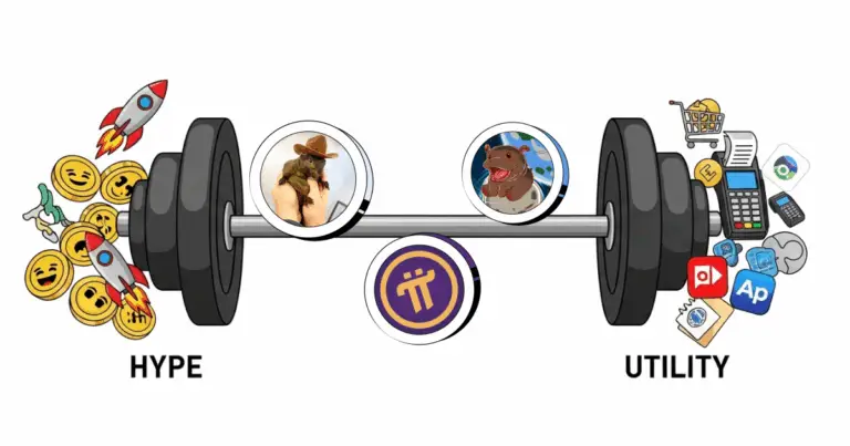 A visual comparison of altcoins on a barbell balancing hype and utility. The left side shows hype-driven meme altcoins with emojis and rockets, while the right side displays utility-based altcoins with shopping, payment, and real-world app icons. Pi Network and two other altcoins are centered between both sides.