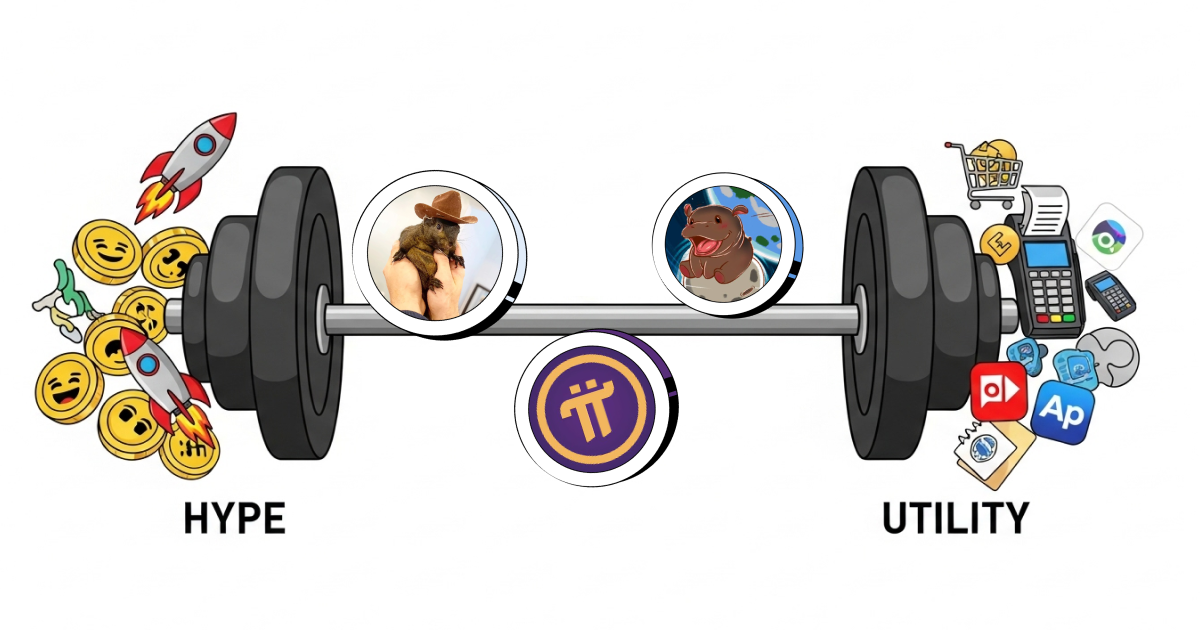 A visual comparison of altcoins on a barbell balancing hype and utility. The left side shows hype-driven meme altcoins with emojis and rockets, while the right side displays utility-based altcoins with shopping, payment, and real-world app icons. Pi Network and two other altcoins are centered between both sides.